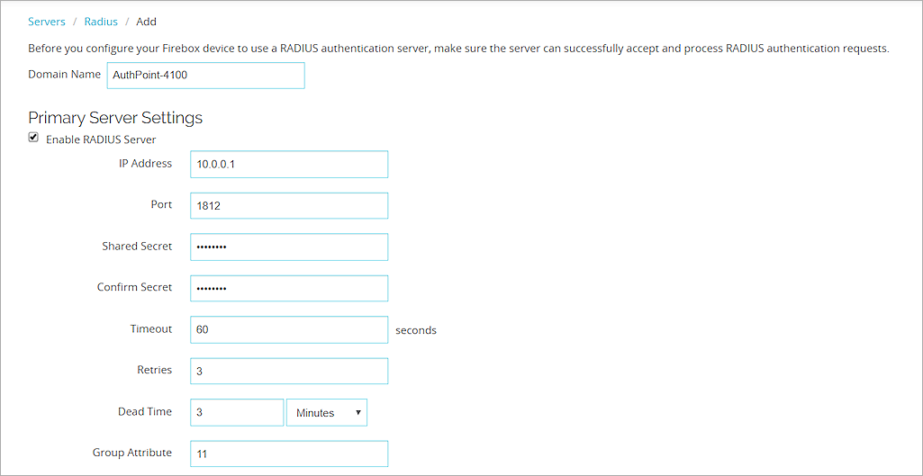 Screenshot of the settings for the RADIUS authentication server.